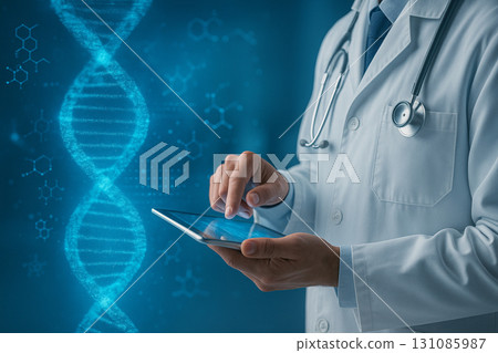 AI generated futuristic medical scene of doctor using tablet with glowing DNA helix and molecular graphics symbolizing digital healthcare genomics biotechnology and precision medicine 131085987
