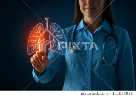 AI generated futuristic medical illustration showing female doctor interacting with glowing holographic human lungs highlighting diagnosis and innovation in digital healthcare science 131085988