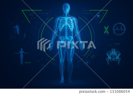 AI generated digital art of a transparent human body hologram with glowing ribs and medical data interface symbolizing future healthcare innovation 131086054