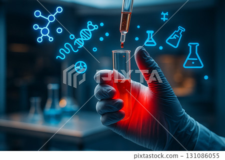AI generated conceptual biotechnology image showing gloved hand holding test tube with red liquid and pipette drop surrounded by digital DNA graphics representing precision and innovation 131086055