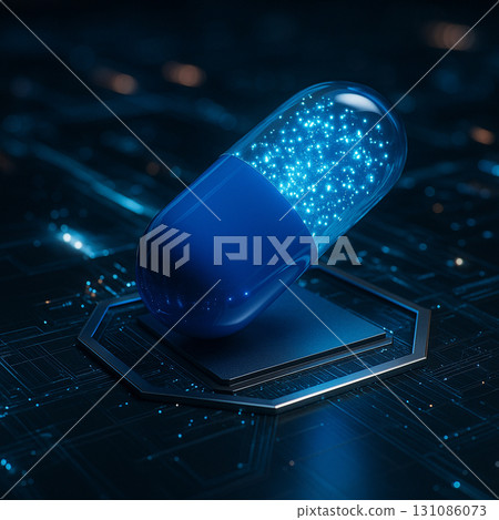 AI generated futuristic concept of a glowing blue capsule on digital circuit symbolizing medical innovation nanotechnology and biotechnology in a modern high tech atmosphere 131086073