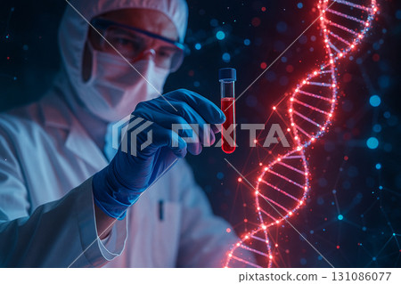 AI generated conceptual biotechnology image showing scientist holding test tube with glowing DNA helix symbolizing genetic research precision and medical innovation in futuristic lab 131086077