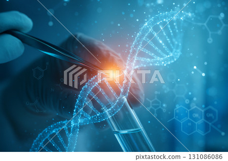 AI generated conceptual image of scientist hand with tweezers holding test tube surrounded by glowing DNA helix and molecular hologram symbolizing biotechnology innovation AI generated conceptual image of scientist hand with tweezers holding test tube surrounded by glowing DNA helix and molecular hologram symbolizing biotechnology innovation 131086086