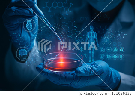 AI generated image of scientist using pipette with petri dish surrounded by holographic molecules human body and medical symbols representing innovation biotechnology and advanced laboratory research 131086133