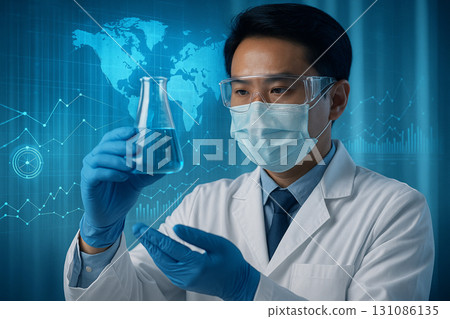 AI generated scientist in lab coat holding beaker with glowing digital graphics symbolizing medical research biotechnology and global data integration in a futuristic clean environment 131086135