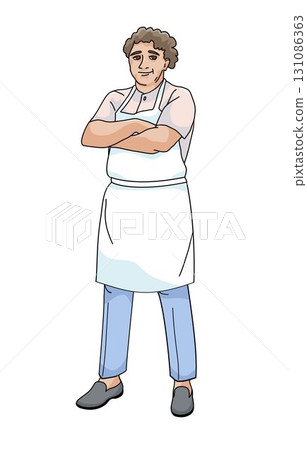a standing man in a white apron with his arms crossed 131086363
