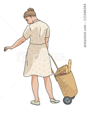 women with grocery trolley vew from behind 131086364