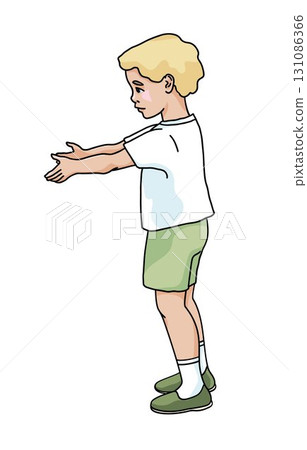 boy in casual clothes standing with arms reaching forward 131086366