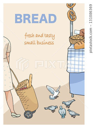 wicker basket grocery shopping cart with baguette bread and market stand with bread wicker basket grocery shopping cart with baguette bread and market stand with bread 131086369