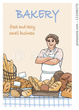 vendor in apron at the market stand with various bread vendor in apron at the market stand with various bread 131086370