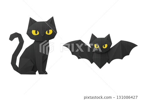 黑貓和蝙蝠摺紙風格透明背景插圖（萬聖節配件） 131086427