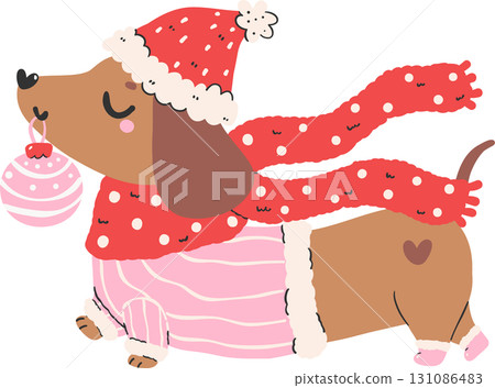 Christmas Dog Dachshund with Santa Hat and Ornament Cartoon Christmas Dog Dachshund with Santa Hat and Ornament Cartoon 131086483
