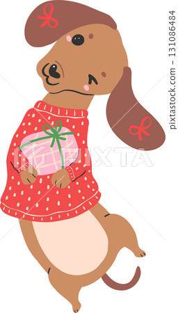 Christmas Dog Dachshund in Sweater Holding Gift Cartoon 131086484
