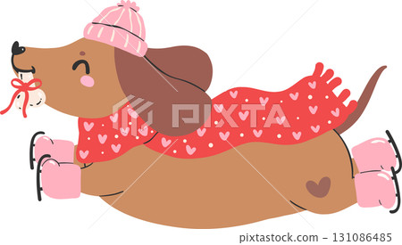 Christmas Dog Dachshund with Bone and Winter Accessories Cartoon 131086485