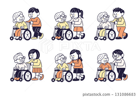Children pushing an elderly person's wheelchair set 131086683