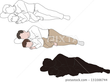 Illustration of a dad and his child napping together 131086744