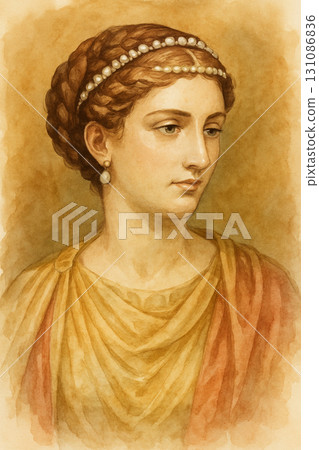 古羅馬貴婦肖像，頭髮上戴著珍珠，身穿長袍，水彩畫 131086836