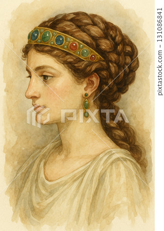 古羅馬貴婦的側面肖像，圓盤上寶石頭像和頭髮的水彩畫 131086841