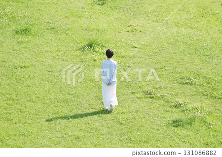 Woman walking in the field, rear view, overhead shot 131086882