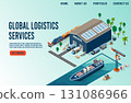Global Logistics warehouse, delivery service, Storage building, forklifts, cargo, trucks and Maritime Transport for shipping. 131086966
