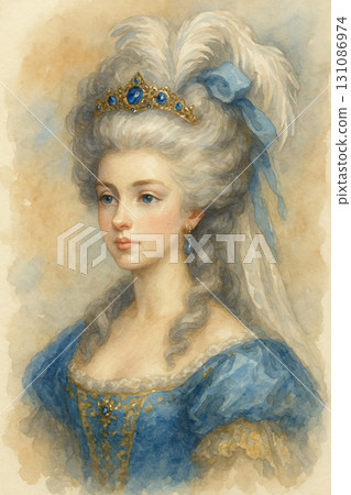 優雅的水彩肖像，描繪了一位 18 世紀的貴族婦女，頭戴藍石王冠，頭髮飾有羽毛。 131086974