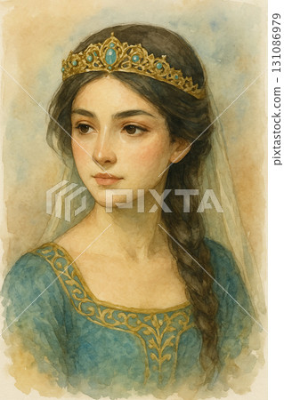 中世紀公主的水彩肖像，藍色長和服，帶有金色花朵圖案 131086979