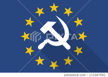 The European Union flag overlaid with a hammer and sickle symbol. 131087092