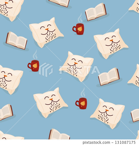 Seamless pattern with cozy pillow cat mug and open book Seamless pattern with cozy pillow cat mug and open book 131087175