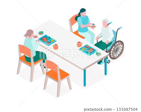 An isometric illustration of a caregiver assisting with meals in a nursing home cafeteria 131087504