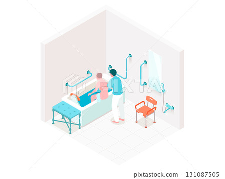 養老院沐浴協助的等距圖示 養老院沐浴協助的等距圖示 131087505