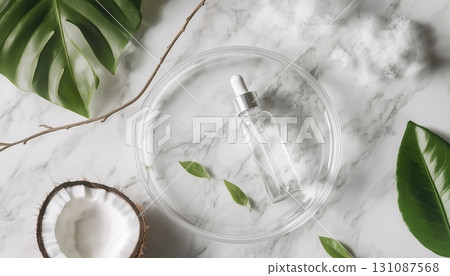 Coconut fruit oil extractfruit slice and liquit glass bottle Coconut fruit oil extractfruit slice and liquit glass bottle 131087568