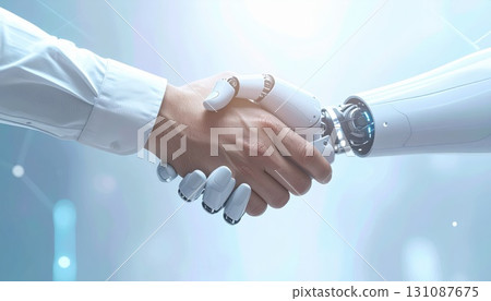 AI 影像：人類與機器人握手的特寫 131087675