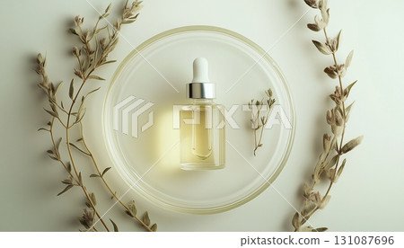 Jojoba oil extract and glass bottle liquid in glass plate sample, wellness healthy life style 131087696