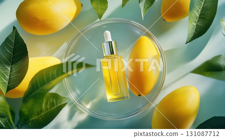 Mango fruit oil extract and liquid bottle natural ingredient flay lay photo 131087712