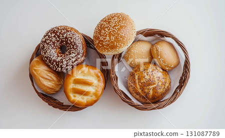 Bakery bagel, baguette, bun bread simple breakfast, flay lay on white table 131087789