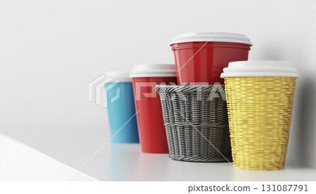 Disposable colorful paper bowl cup take away for snack or dessert in white room 131087791