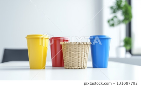 Disposable colorful paper bowl cup take away for snack or dessert in white room 131087792