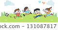 Illustration of kids playing soccer in the park 131087817