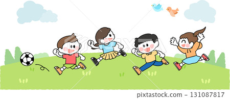 Illustration of kids playing soccer in the park 131087817
