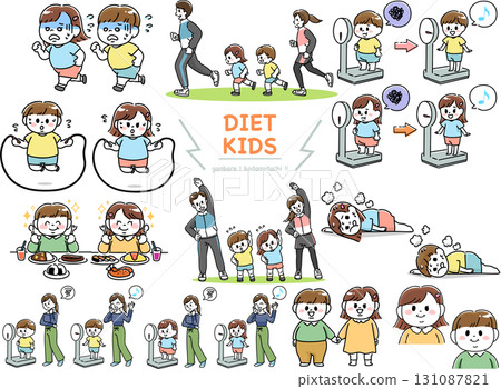 Illustration set of chubby children trying to lose weight Illustration set of chubby children trying to lose weight 131087821