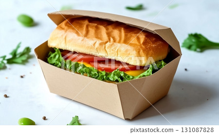 Fast food sandwich on paper bowl craft disposable restaurant in white table 131087828