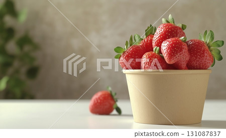 Strawberry fresh fruit on brown paper bowl disposable in white ceramic table 131087837
