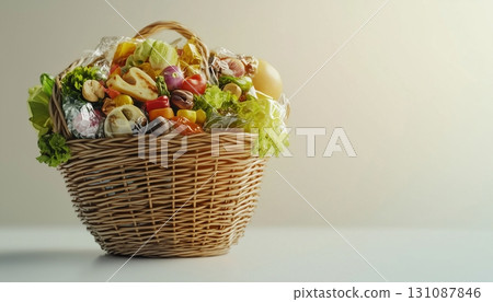 Plastic waste after shopping in grocery on rattan basket white background 131087846