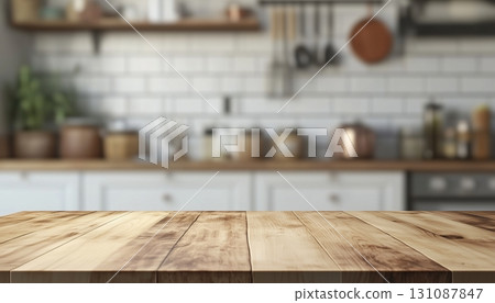 Brown wooden table kitchen counter display copy space with blurred light background 131087847