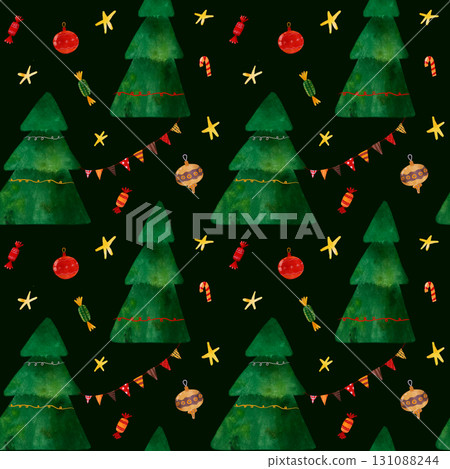 Watercolor Christmas trees with candies, ornaments, stars, and bunting. Cheerful children's illustration seamless pattern for holidays, cards, wrapping paper, kids crafts, party decor, festive designs Watercolor Christmas trees with candies, ornaments, stars, and bunting. Cheerful children's illustration seamless pattern for holidays, cards, wrapping paper, kids crafts, party decor, festive designs 131088244