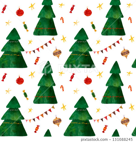 Watercolor Christmas trees with candies, ornaments, stars, and bunting. Cheerful children's illustration seamless pattern for holidays, cards, wrapping paper, kids crafts, party decor, festive designs 131088245