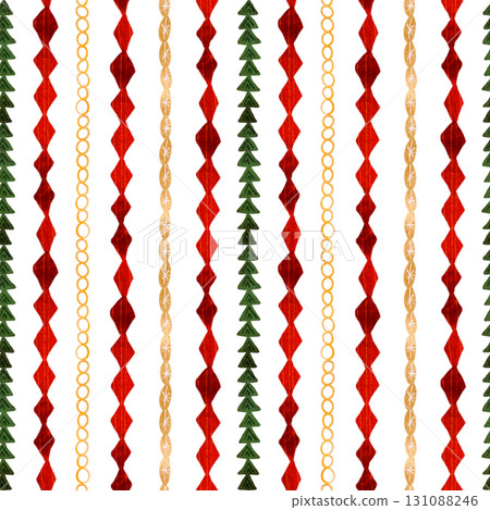 Adorable hand-drawn garland seamless pattern in festive red, gold, and green. Perfect for Christmas, holiday decorations, kids' crafts, party banners, or scrapbooking. Children's illustration Adorable hand-drawn garland seamless pattern in festive red, gold, and green. Perfect for Christmas, holiday decorations, kids' crafts, party banners, or scrapbooking. Children's illustration 131088246