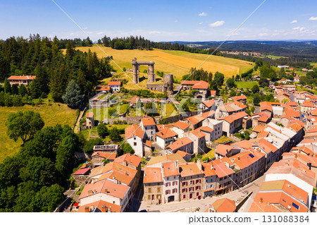 View from drone of French township of Allegre in summer View from drone of French township of Allegre in summer 131088384