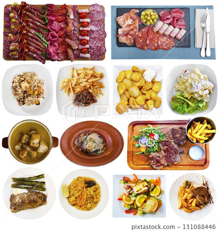 Set of Spanish cuisine dishes at plates isolated 131088446