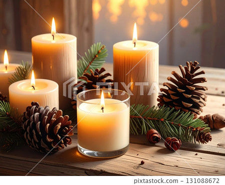 Winter interior with lit candles and pine cones on the windowsill 131088672